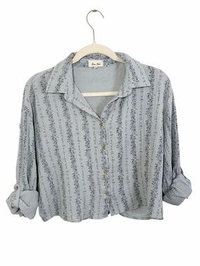 Love Notes Light Blue Floral Cropped Roll Tab Cotton Gauze Cottagecore Top